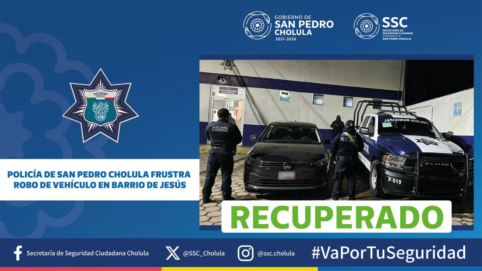  Policía de San Pedro Cholula frustra robo de vehículo en Barrio de Jesús