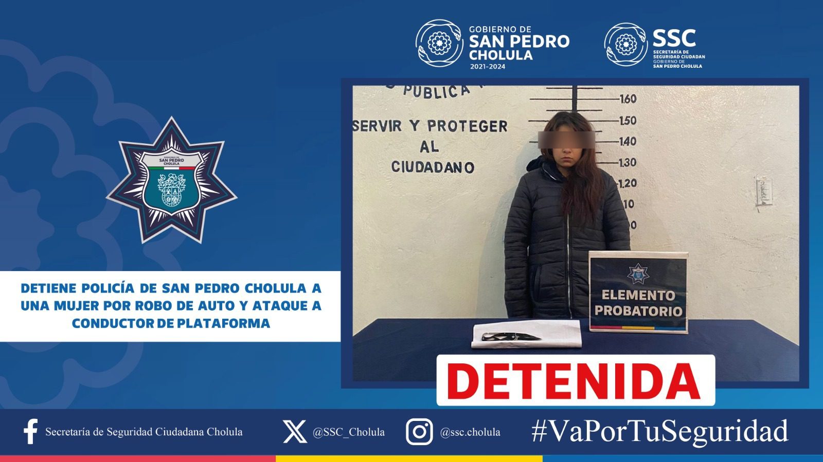  Detiene policía de San Pedro Cholula a una mujer por robo de auto y ataque a conductor de plataforma