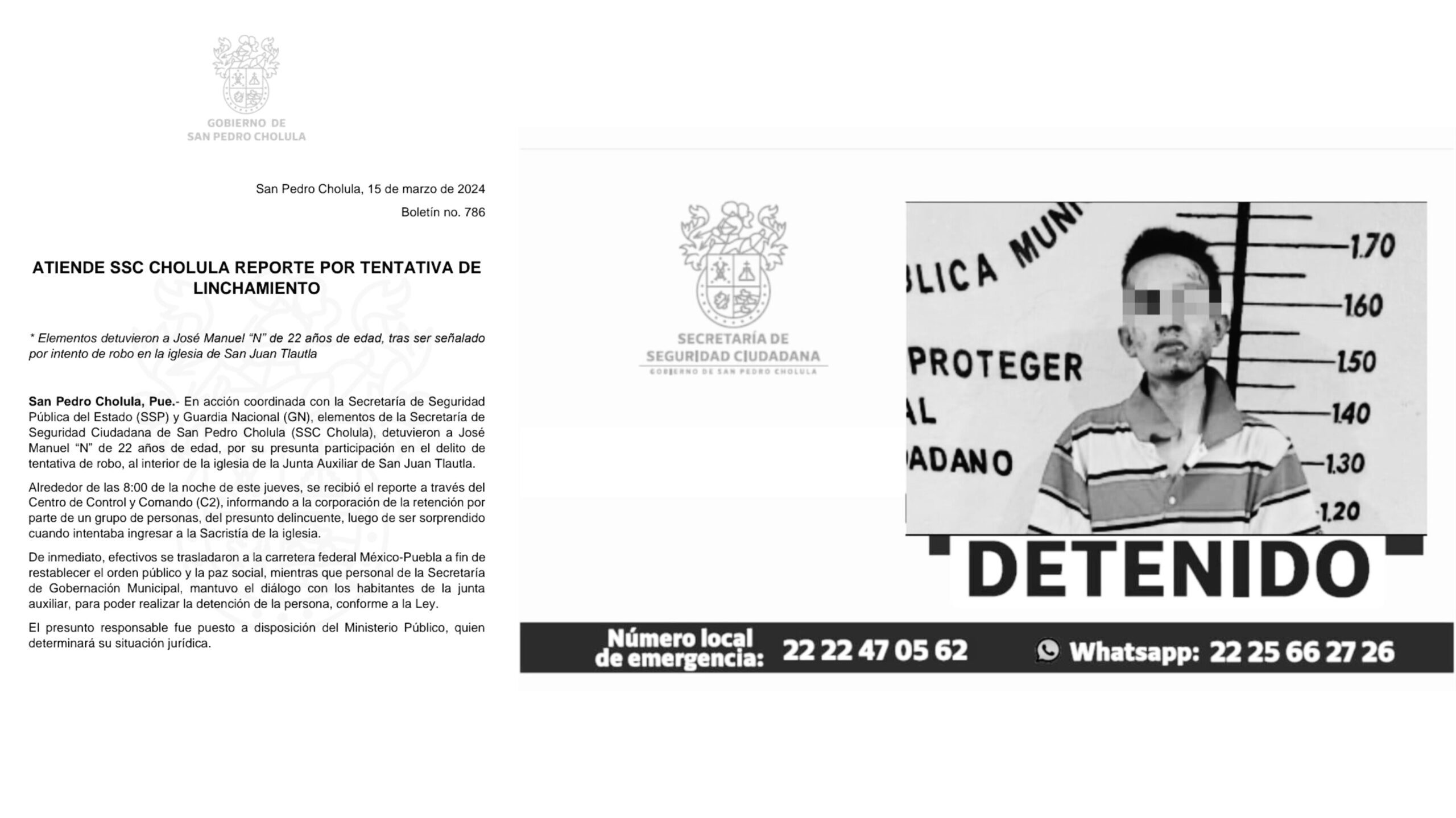  Atiende SSC Cholula reporte por tentativa de linchamiento