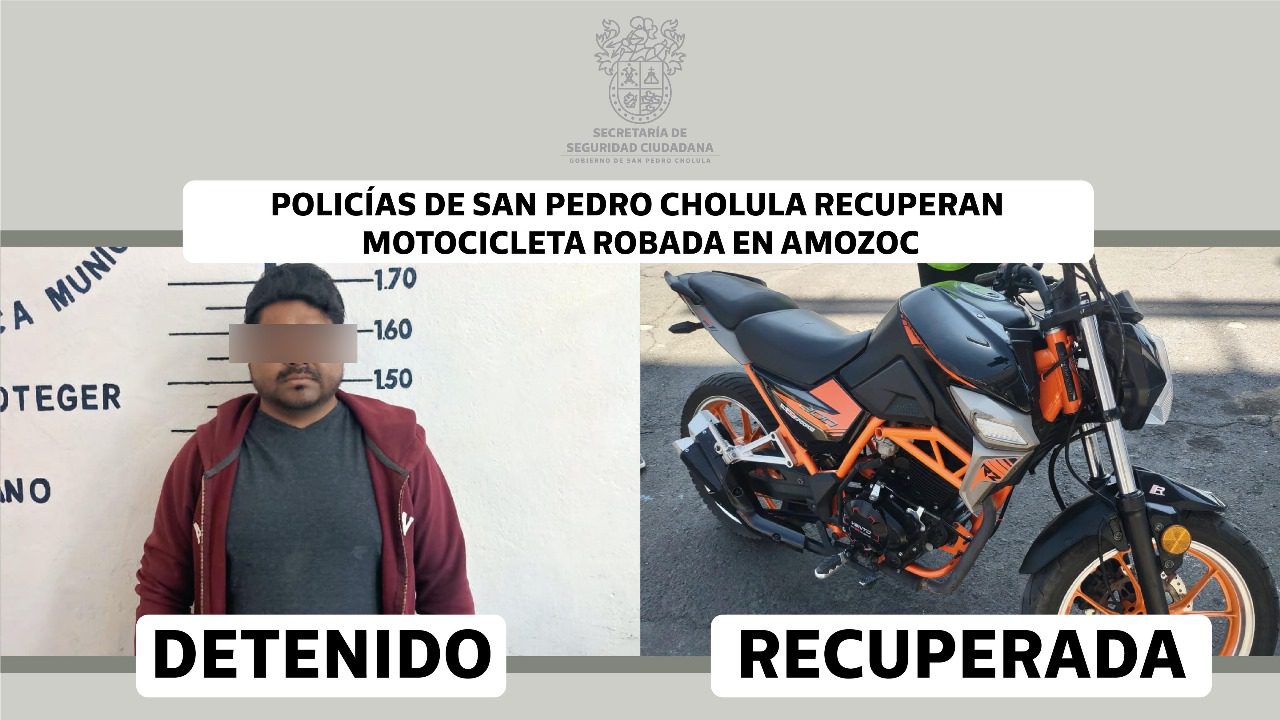  Policías de San Pedro Cholula recuperan motocicleta robada en Amozoc