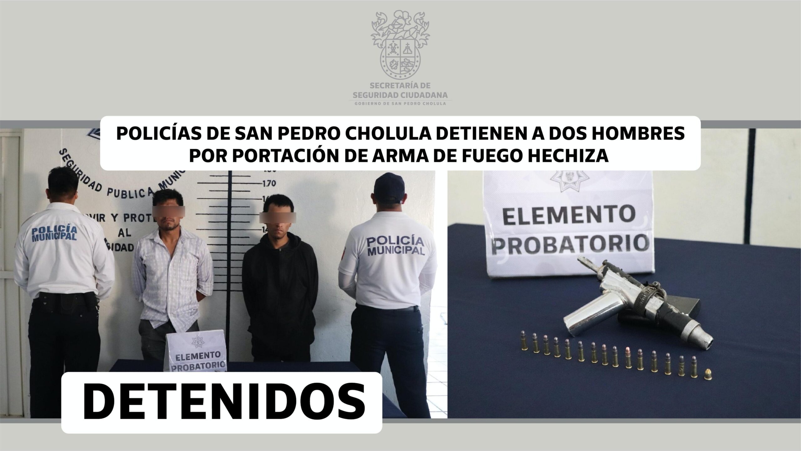  Policías de San Pedro Cholula detienen a dos hombres por portación de arma de fuego hechiza