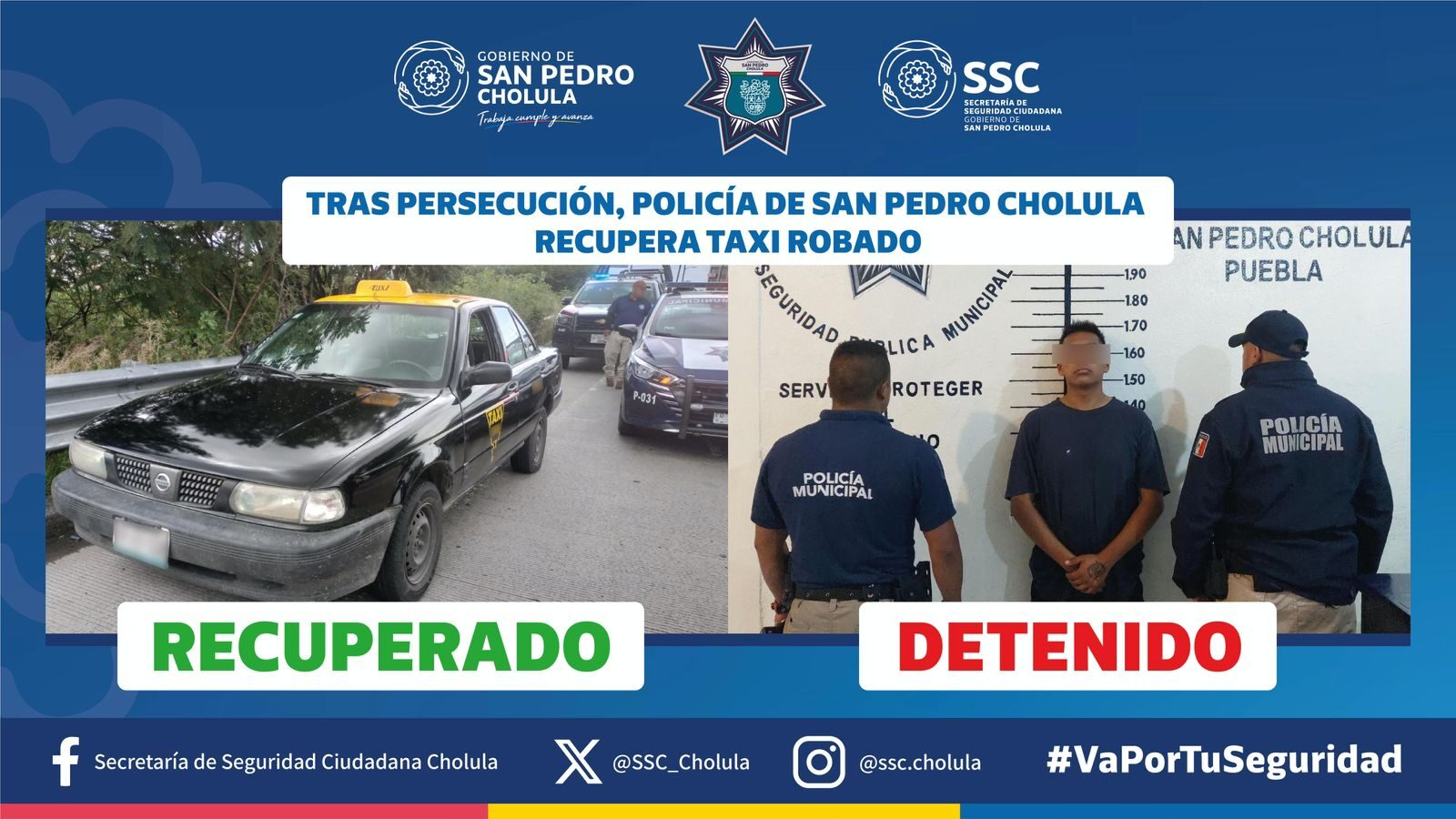  Tras persecución, policía de San Pedro Cholula recupera taxi robado