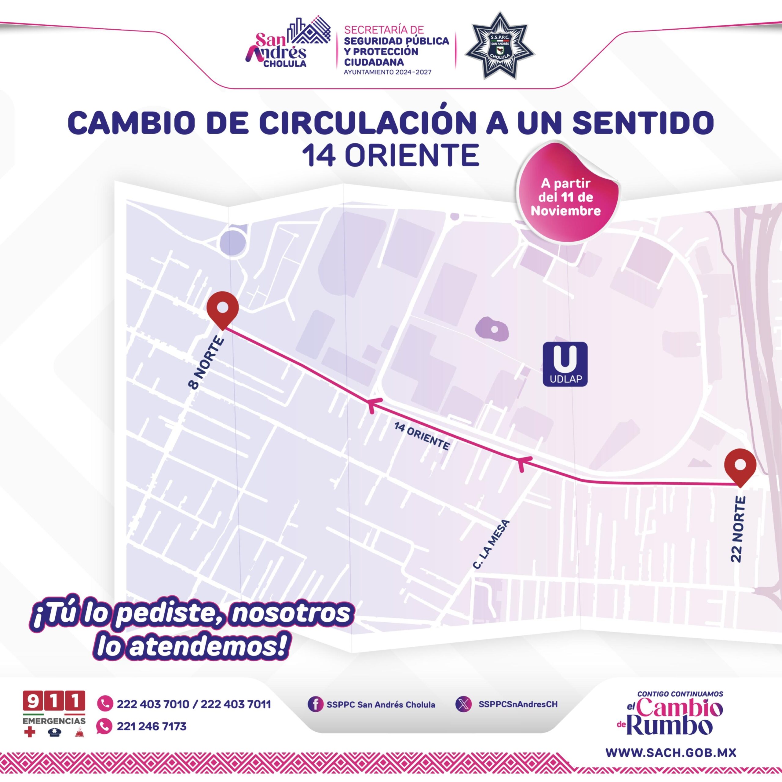  Informa Ayuntamiento de San Andrés Cholula cambio de circulación a un sólo sentido en 14 Oriente