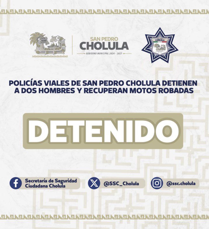  Policías viales de San Pedro Cholula detienen a dos hombres y recuperan motos robadas