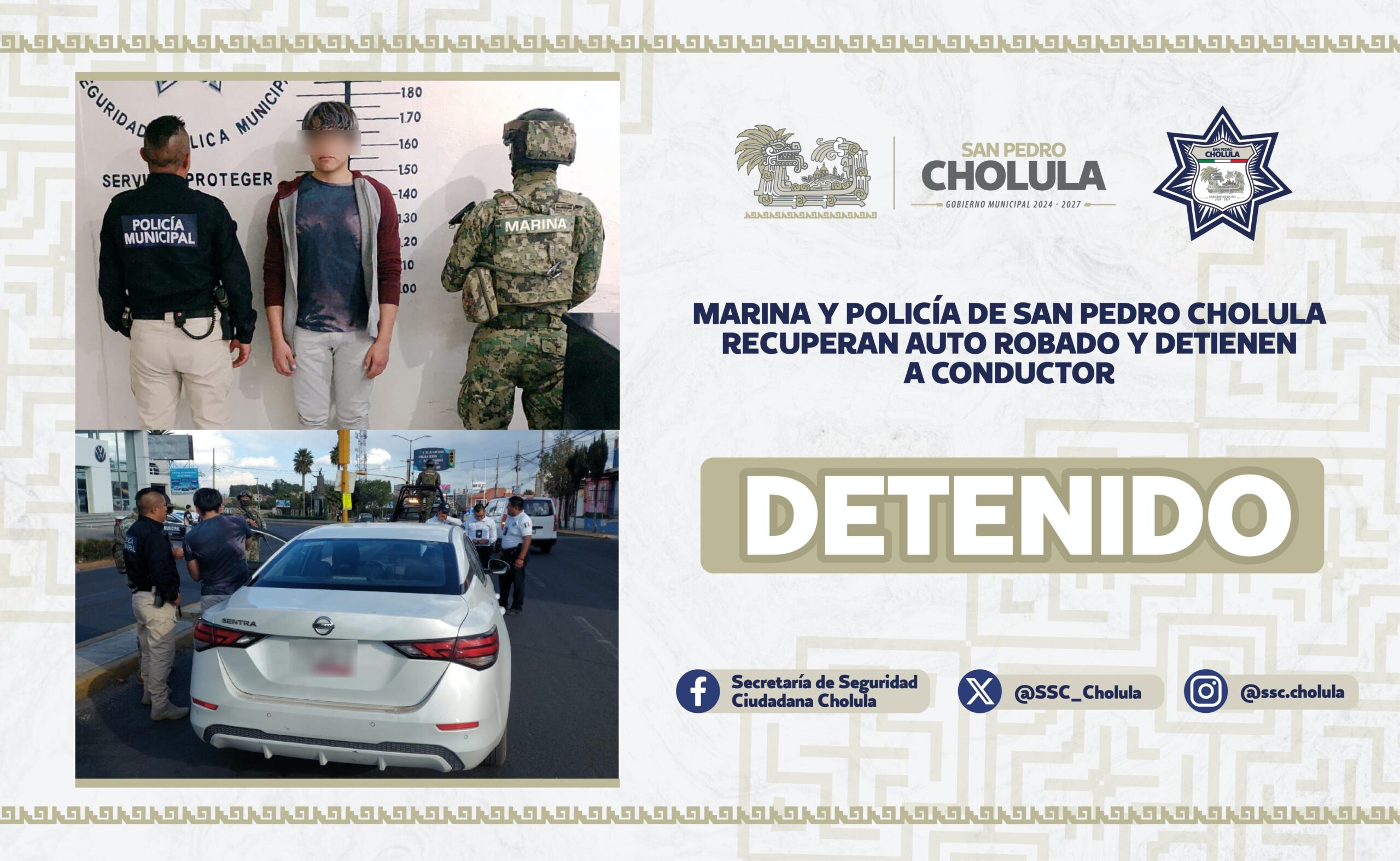  Marina y Policía de San Pedro Cholula recuperan auto robado y detienen a conductor