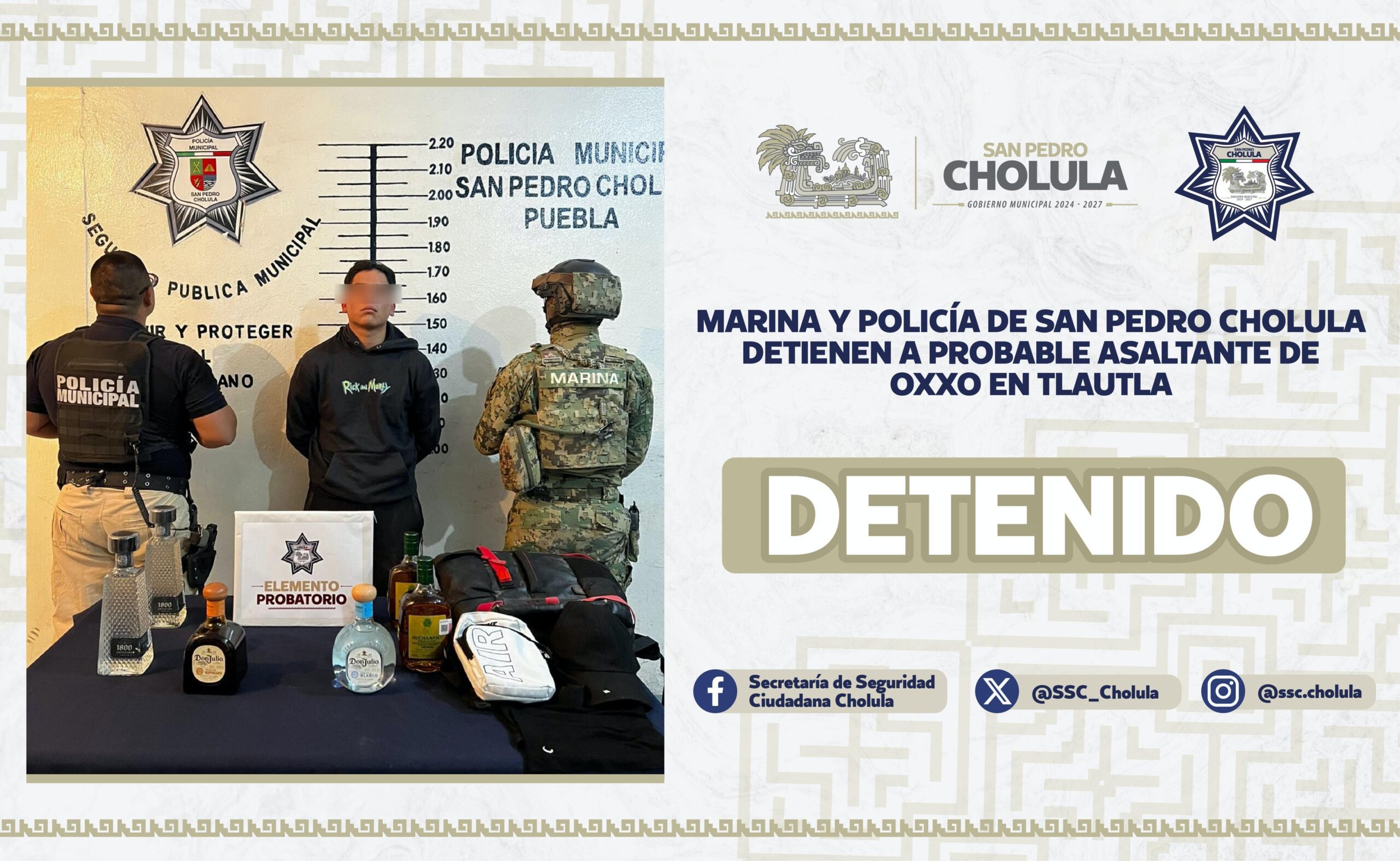 Marina y policía de San Pedro Cholula detienen a probable asaltante de OXXO en Tlautla