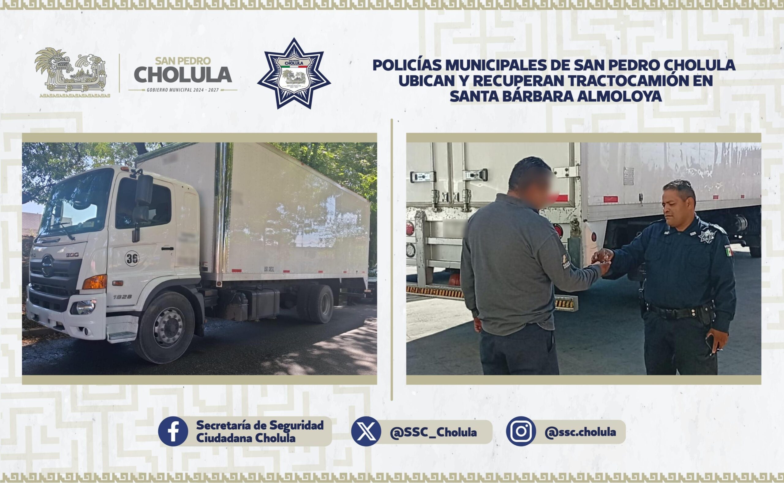  Policías Municipales de San Pedro Cholula ubican y recuperan tractocamión en Santa Bárbara Almoloya