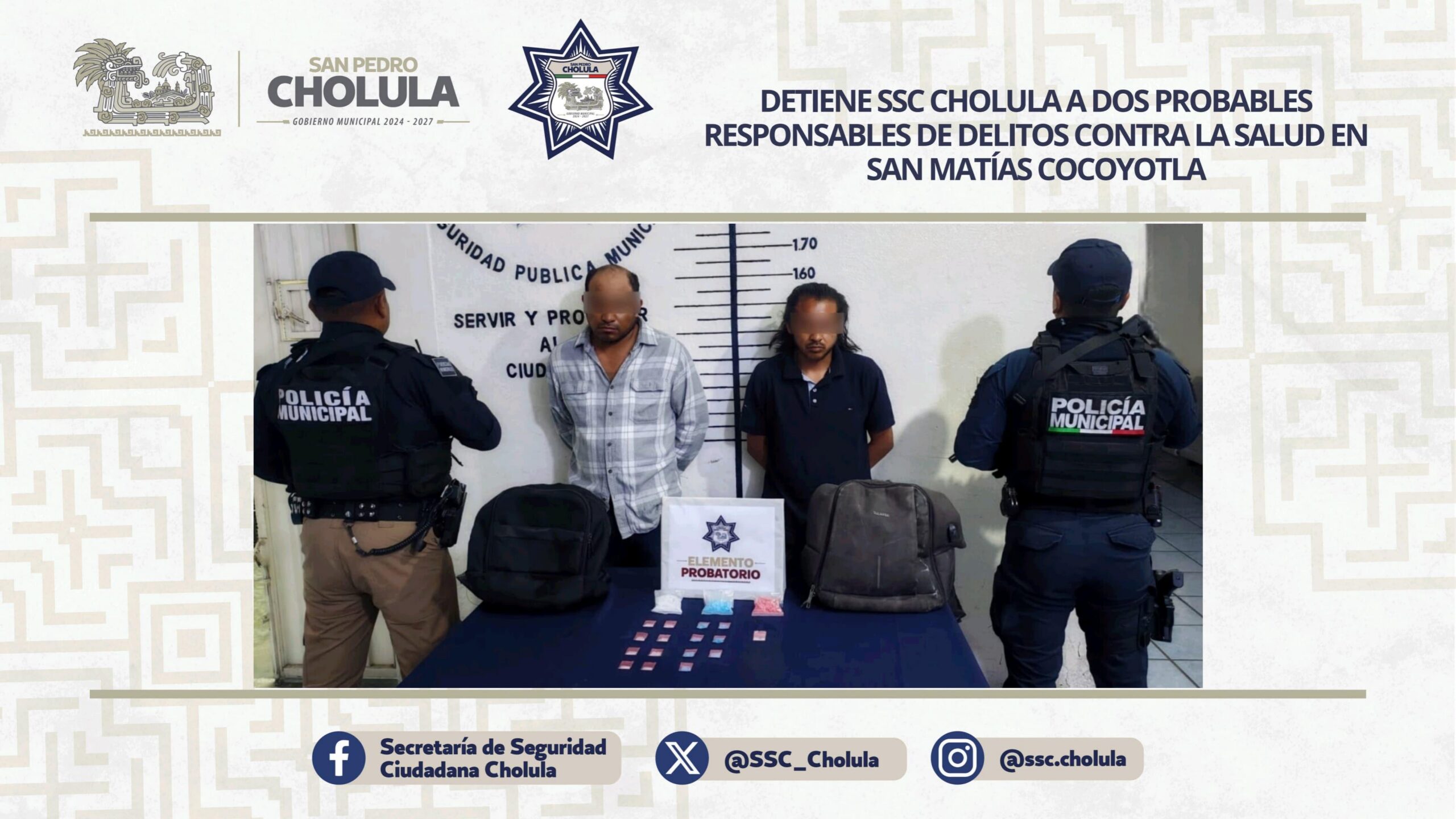  ​Detiene SSC Cholula a dos probables responsables de delitos contra la salud en San Matías Cocoyotla​