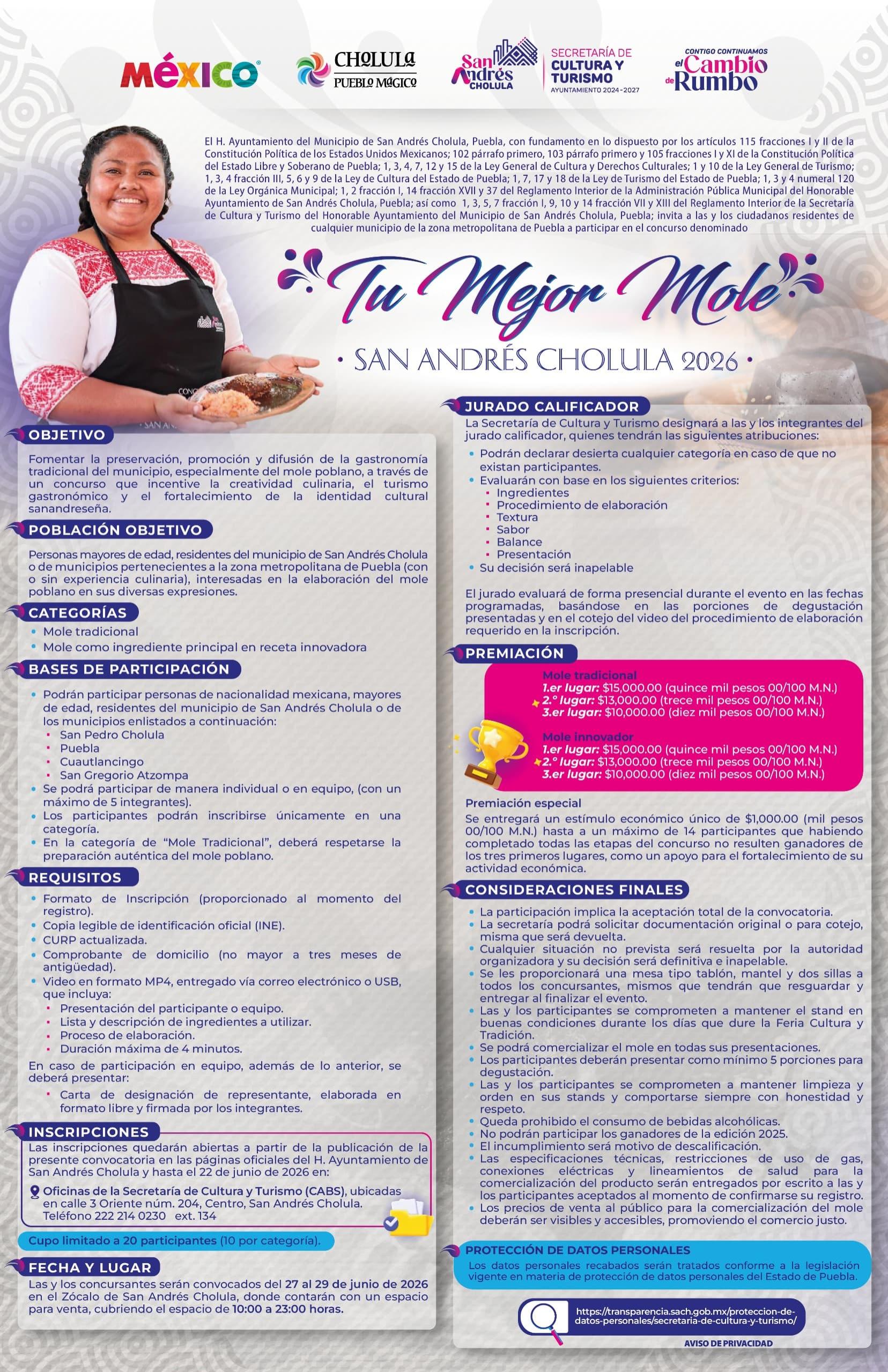  Tradición, sabor y premios: Ayuntamiento de San Andrés Cholula invita a participar en el concurso “Tu Mejor Mole”
