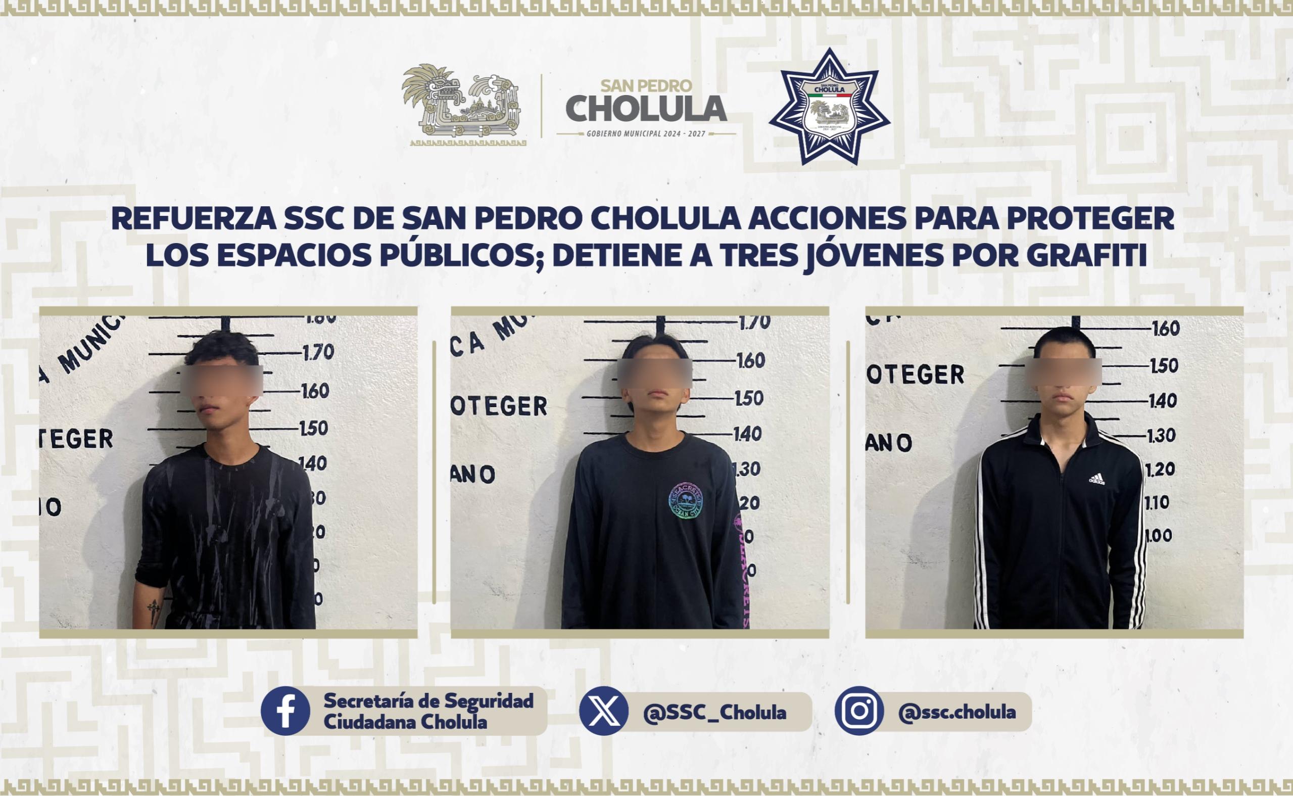  Refuerza SSC de San Pedro Cholula acciones para proteger los espacios públicos; detiene a tres jóvenes por grafiti