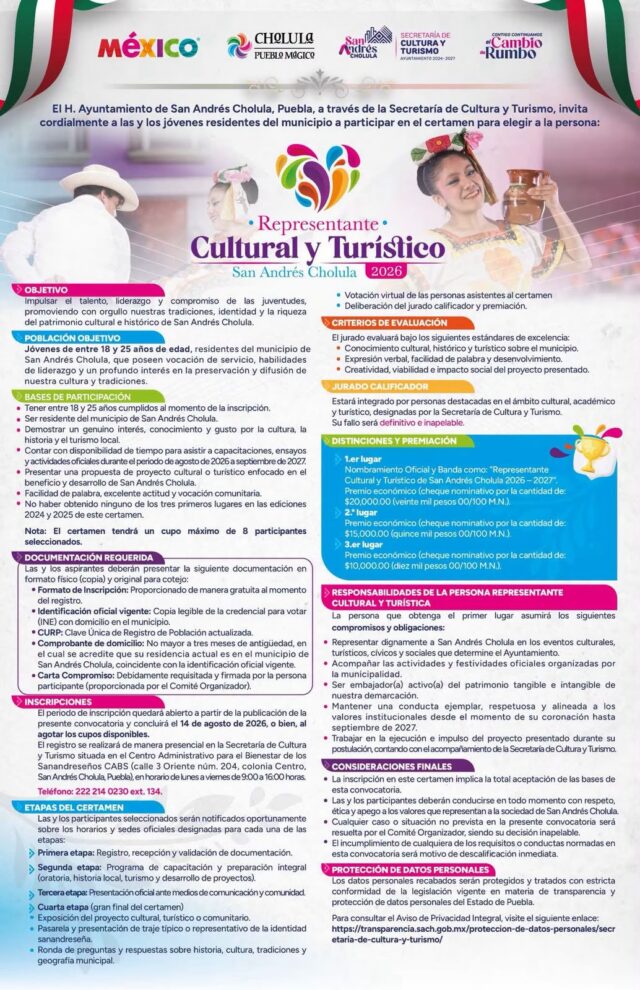Invita Gobierno de San Andrés Cholula a participar en el certamen Representante Cultural y Turístico 2026