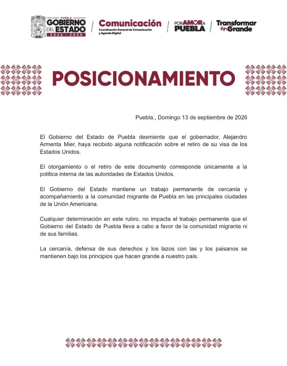  Desmiente el Gobierno de Puebla el retiro de la visa estadounidense al Gobernador Alejandro Armenta 